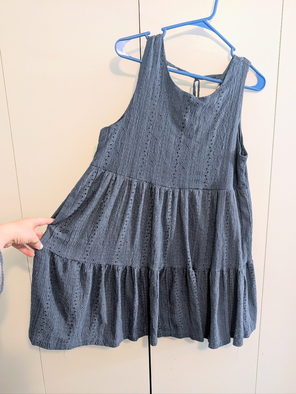Cute Babydoll Blue Eyelet Tiered Dress Or Top Size Large Sleeveless Pockets